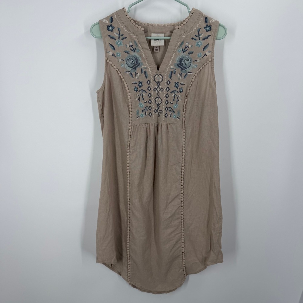 Knox Rose Tunic Dress Women Size M Tan Embroidered Sleeveless Linen Blend